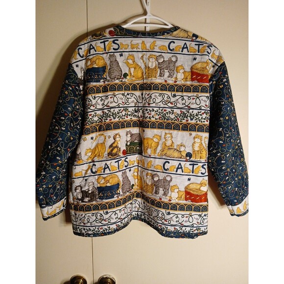 Womens S-M Cats Tapestry Quilted Longsle Jacket/Cat Button VIBRANT COLORS - Picture 14 of 16